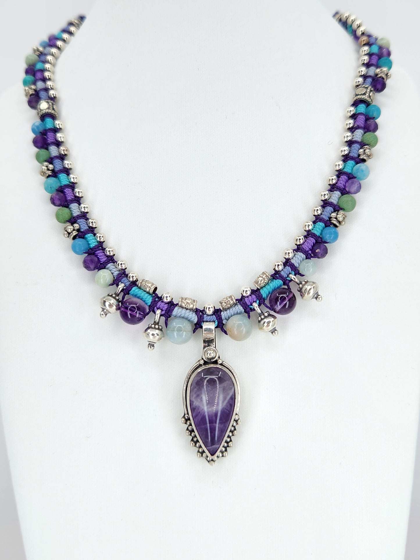 Isha Elafi - Amethyst Stone with Sterling Silver and Beaded Knotwork Necklace