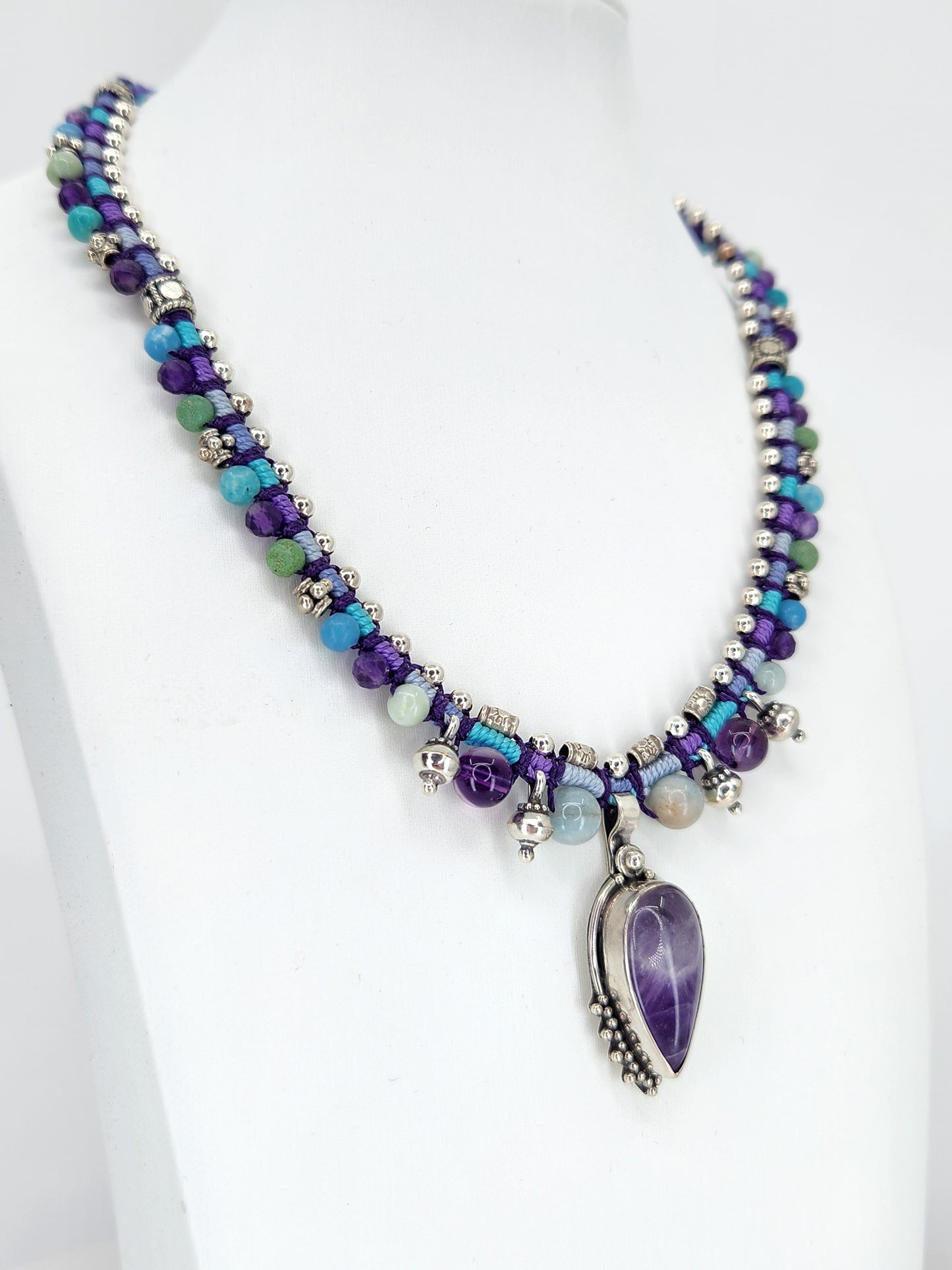 Isha Elafi - Amethyst Stone with Sterling Silver and Beaded Knotwork Necklace