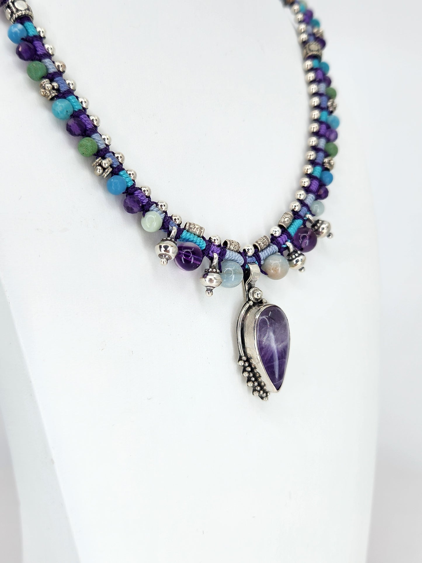 Isha Elafi - Amethyst Stone with Sterling Silver and Beaded Knotwork Necklace