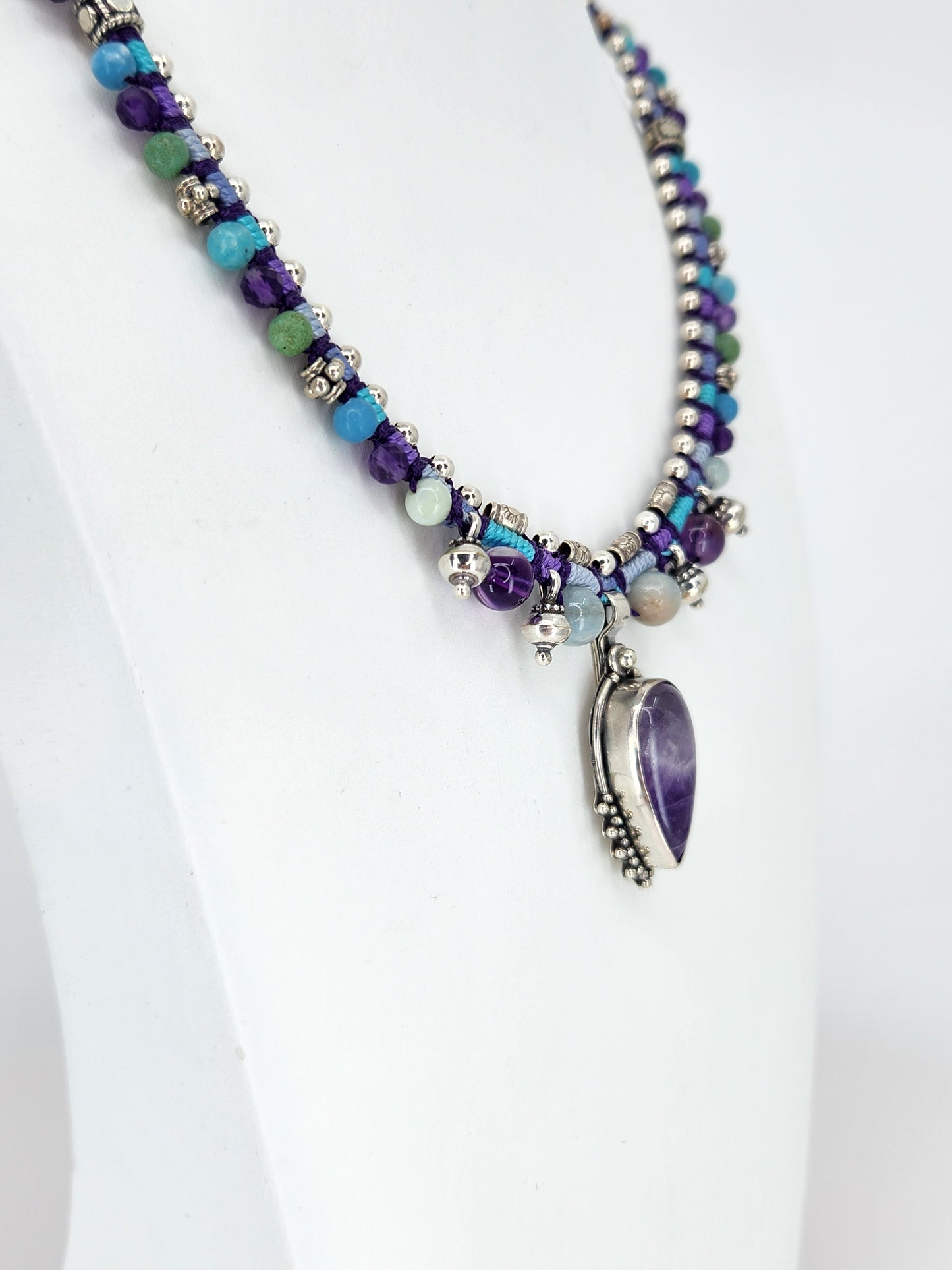 Isha Elafi - Amethyst Stone with Sterling Silver and Beaded Knotwork Necklace