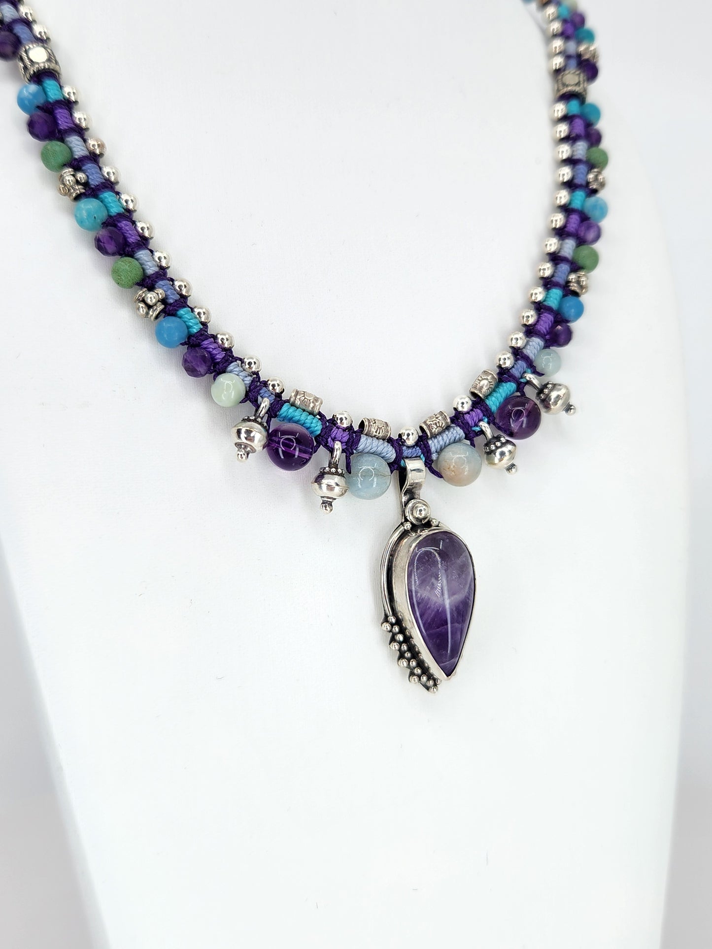 Isha Elafi - Amethyst Stone with Sterling Silver and Beaded Knotwork Necklace