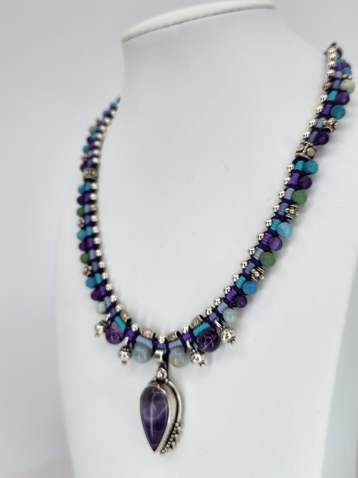 Isha Elafi - Amethyst Stone with Sterling Silver and Beaded Knotwork Necklace