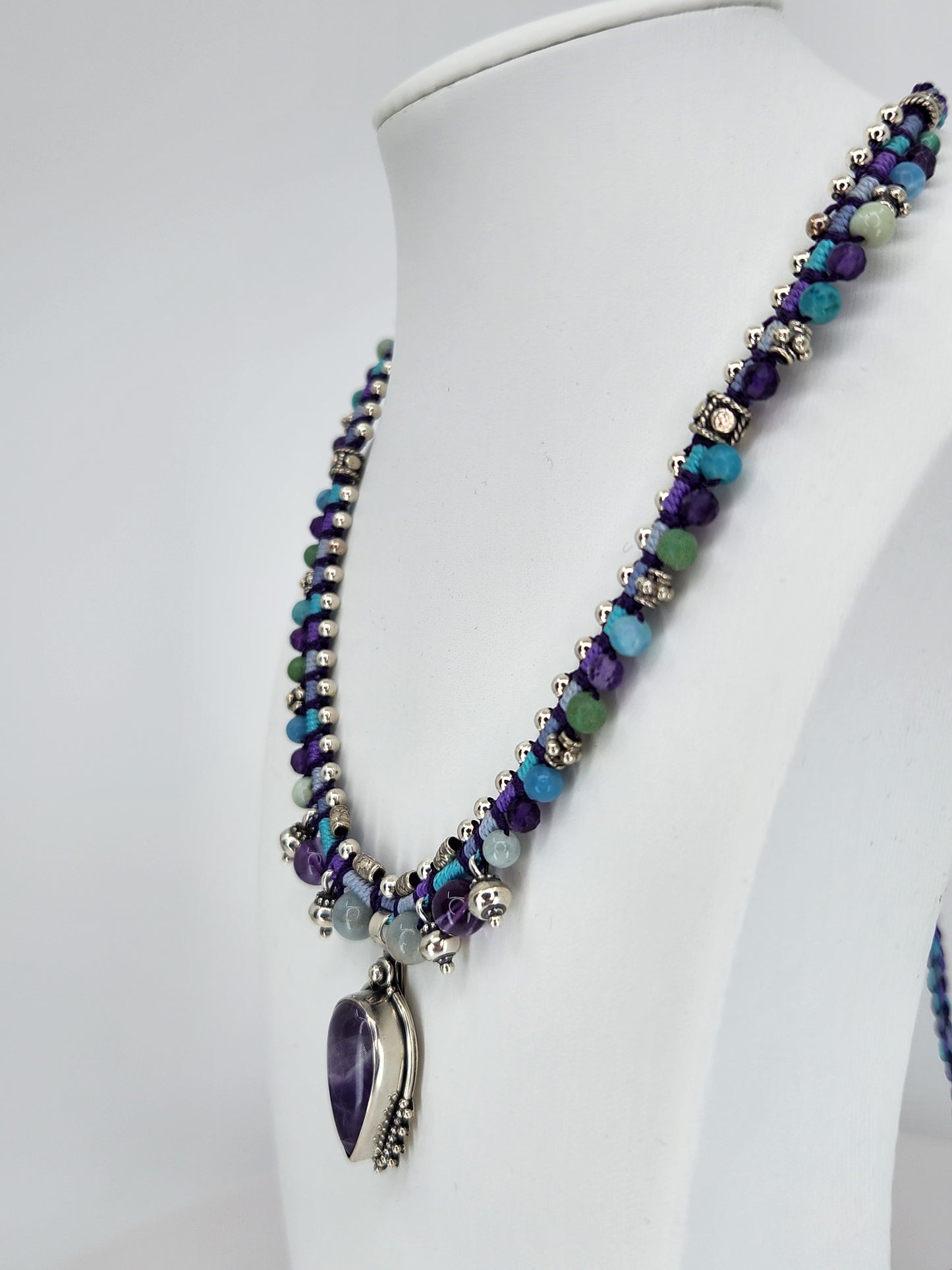 Isha Elafi - Amethyst Stone with Sterling Silver and Beaded Knotwork Necklace