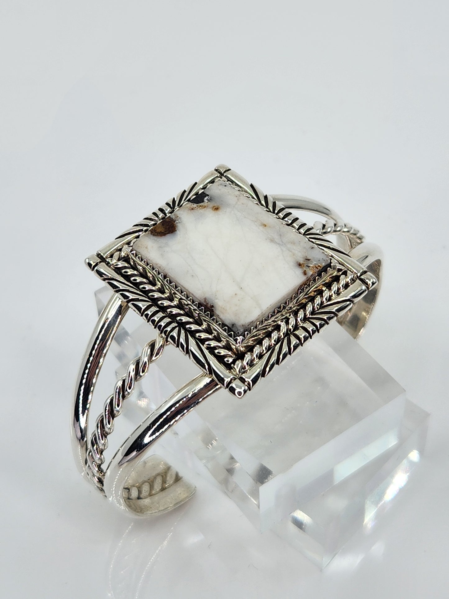 Desert Treasure: White Buffalo, white & black stone set in Sterling Silver bracelet