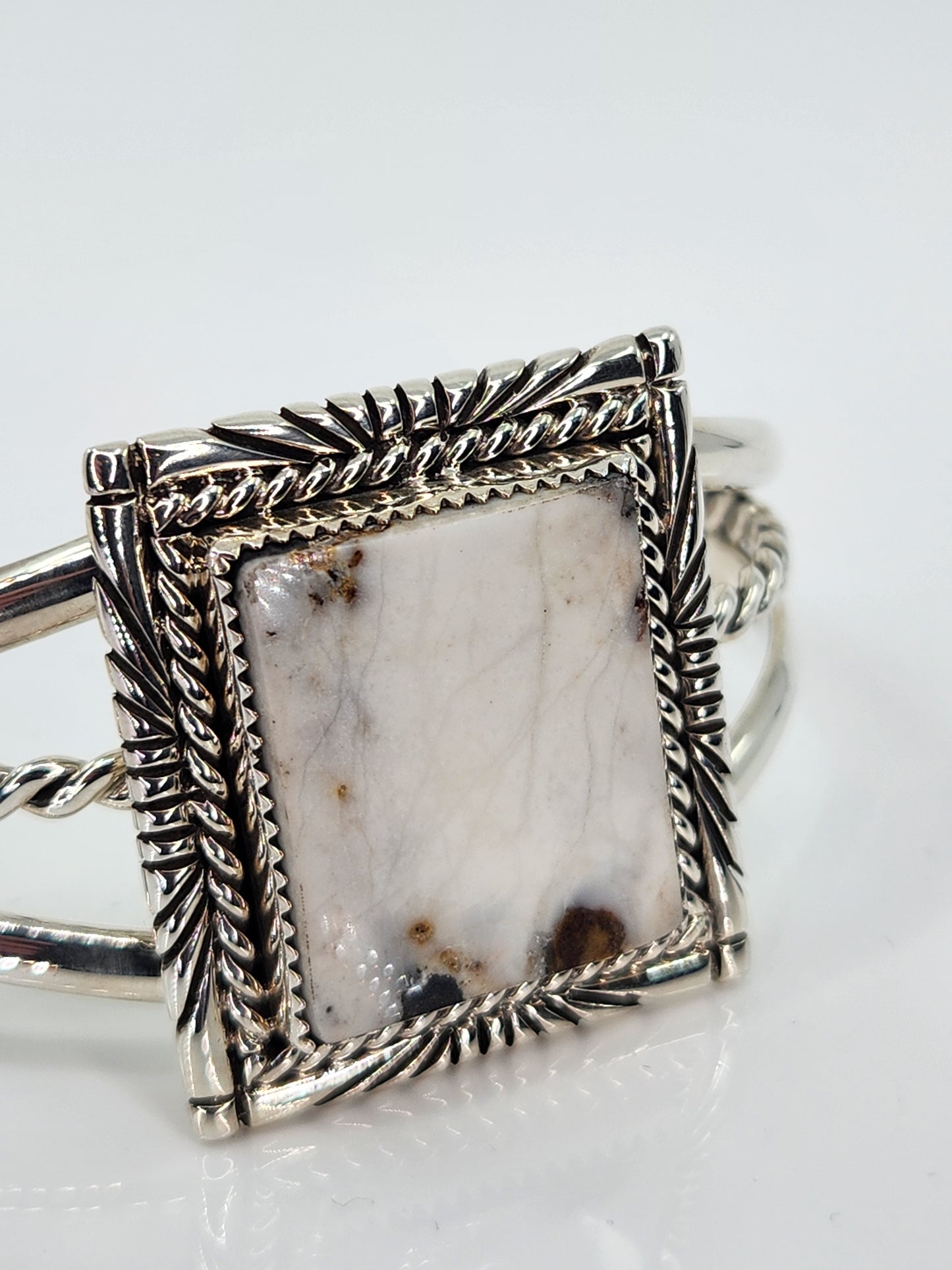 Desert Treasure: White Buffalo, white & black stone set in Sterling Silver bracelet