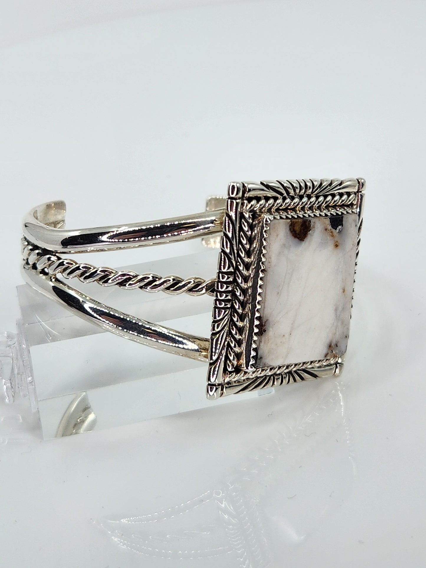 Desert Treasure: White Buffalo, white & black stone set in Sterling Silver bracelet