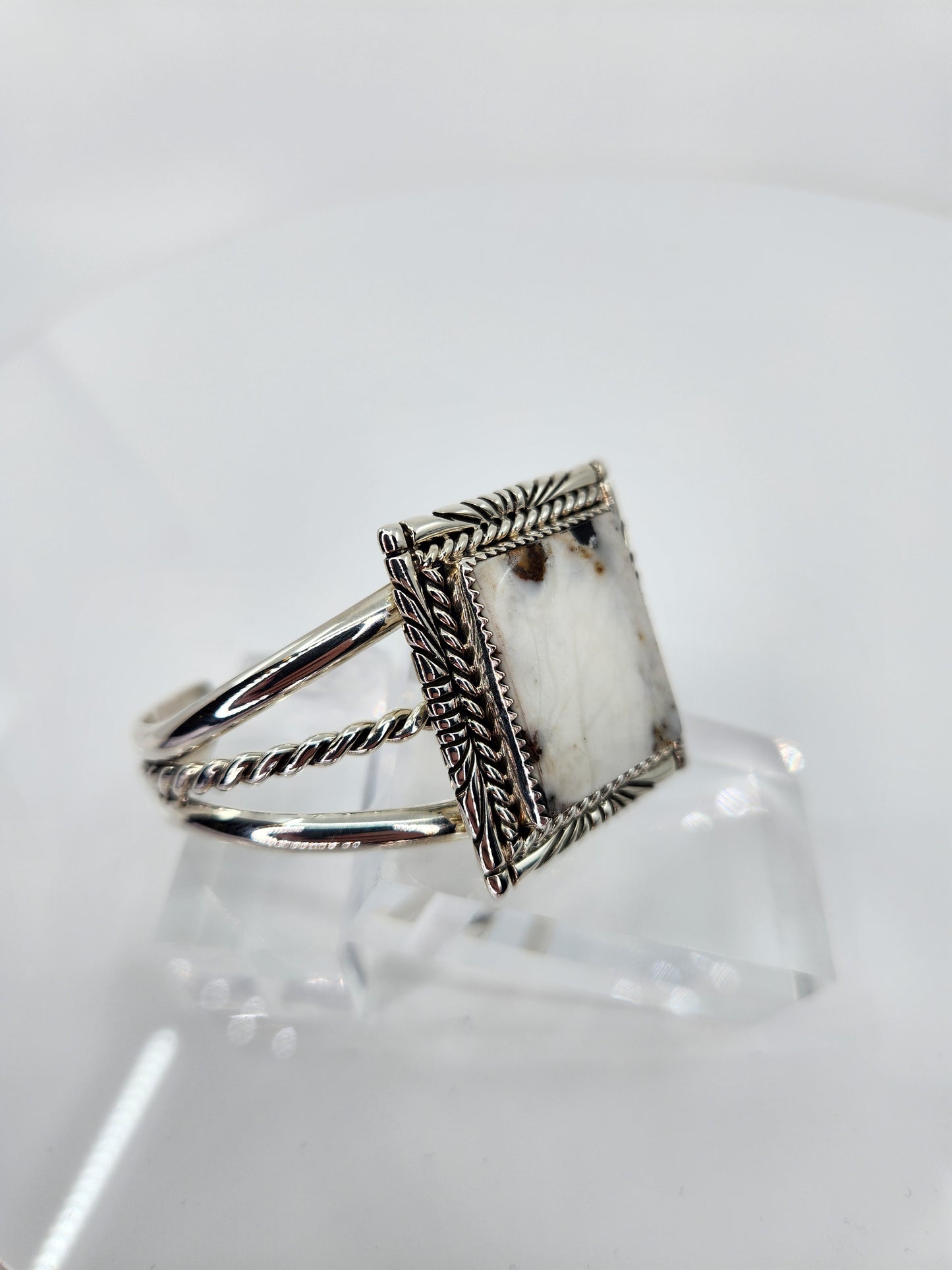 Desert Treasure: White Buffalo, white & black stone set in Sterling Silver bracelet