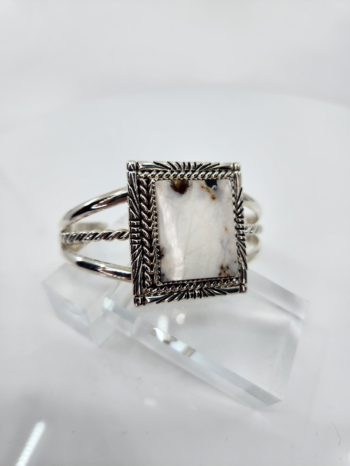 Desert Treasure: White Buffalo, white & black stone set in Sterling Silver bracelet