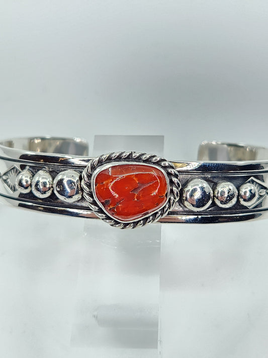 Desert Treasure:  Red Coral Cuff, set in Sterling Silver