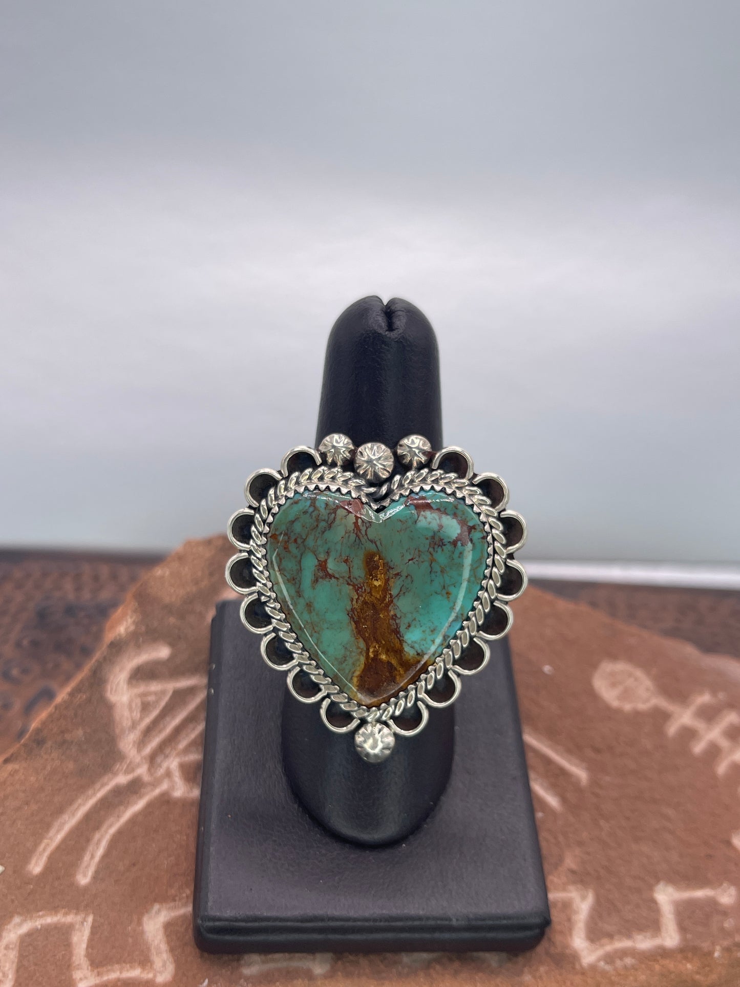 Desert Treasure: Heart Shaped Kingman Green/Brown Turquoise set in Sterling Silver Ring