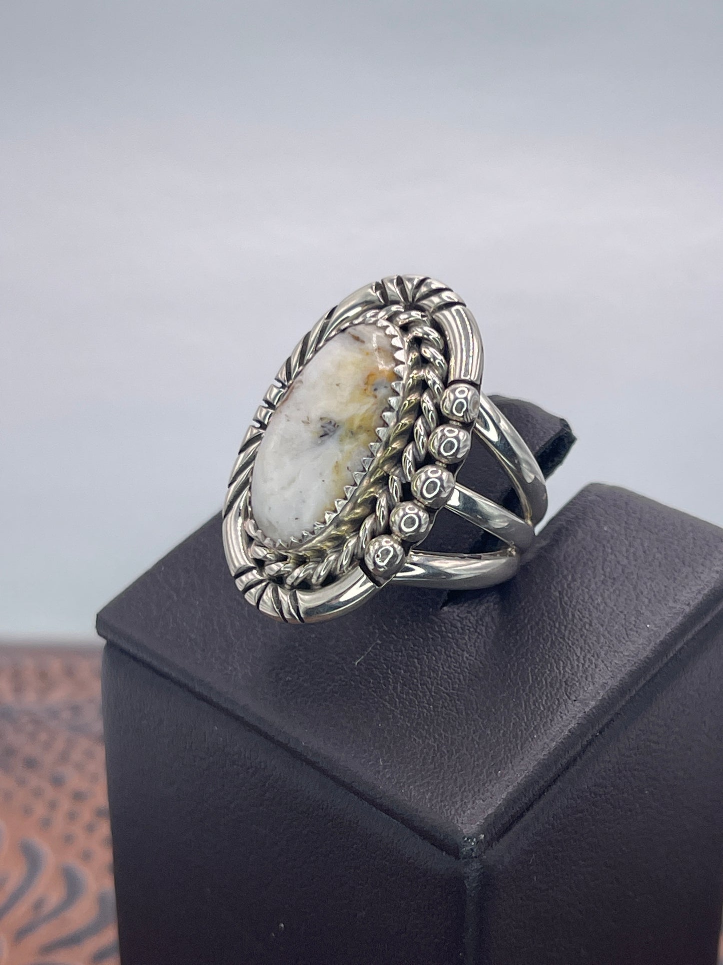 Desert Treasure: White and Black Oval Stone set in Sterling Silver Ring
