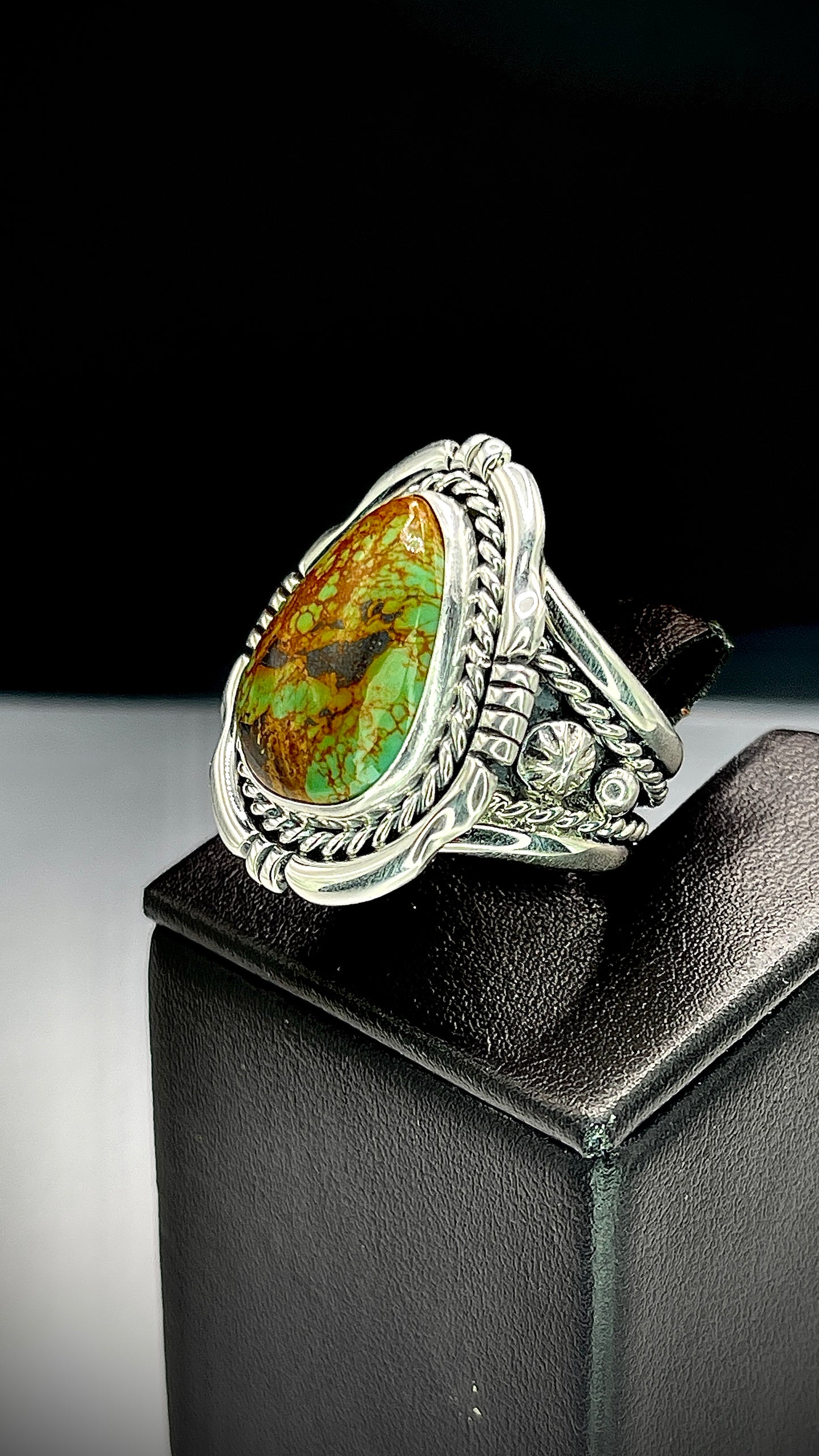 Desert Treasure: Green and Brown Turquoise Ring set in Intricate Sterling Silver
