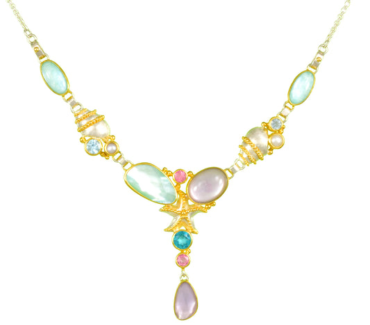 Sterling Silver and 22K Gold Vermeil Necklace with Rose De France + Mother of Pearl, Amazonite + checkerboard cut crystal quartz+ Mother of Pearl, Imperial Pink Topaz, Paraiba Topaz, White Freshwater Pearl and Sky Blue Topaz