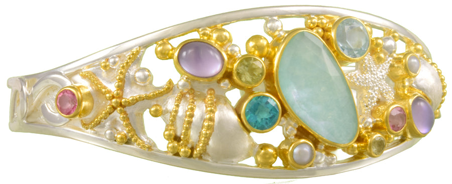 Sterling Silver and 22K Gold Vermeil Bracelet with Amazonite + checkerboard cut crystal quartz+ Mother of Pearl, Imperial Pink Topaz, Paraiba Topaz, White Freshwater Pearl, Baby Blue Topaz, Rose De France + Mother of Pearl and Lemon Quartz