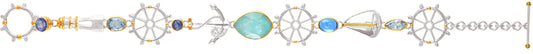 Sterling Silver Bracelet with Amazonite + checkerboard cut crystal quartz+ Mother of Pearl, Baby Blue Topaz and Sky Blue Topaz