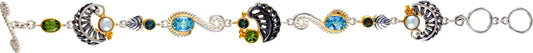 Sterling Silver Bracelet with Black Mother of Pearl, Peridot, White Freshwater Pearl, Sky Blue Topaz, Delicous Topaz and Envy Topaz