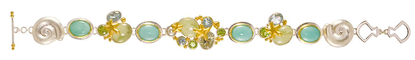Sterling Silver Bracelet with Prehnite, Green Amethyst, Sky Blue Topaz, Peridot, Amazonite and White Freshwater Pearl