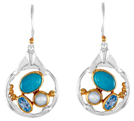 Sterling Silver Earring with Amazonite, White Freshwater Pearl and Sky Blue Topaz