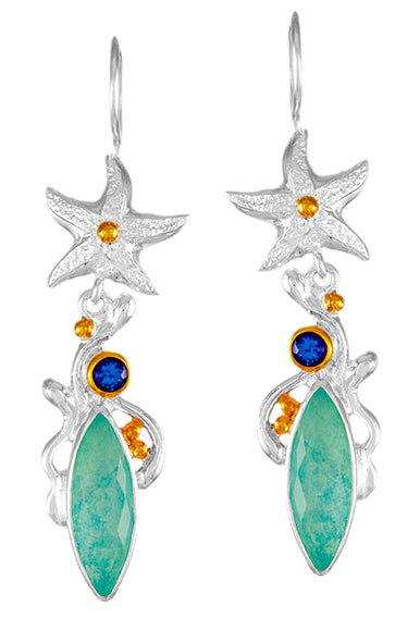 Sterling Silver Earring with Amazonite + checkerboard cut crystal quartz+ Mother of Pearl and Baby Blue Topaz