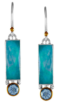 Sterling Silver Earring with Amazonite + checkerboard cut crystal quartz+ Mother of Pearl and Sky Blue Topaz