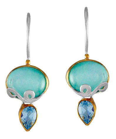 Sterling Silver Earring with Amazonite + checkerboard cut crystal quartz+ Mother of Pearl and Sky Blue Topaz