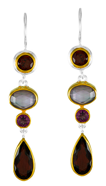 Sterling Silver Earring with Garnet, Mother of Pearl + Gava + white Quartz and Rhodolite Garnet