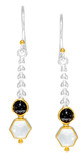 Sterling Silver Earring with Mother of Pearl +checkerboard cut crystal quartz and Onyx