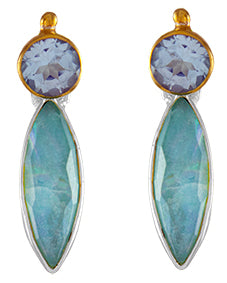 Sterling Silver Earring with Sky Blue Topaz and Amazonite + checkerboard cut crystal quartz+ Mother of Pearl