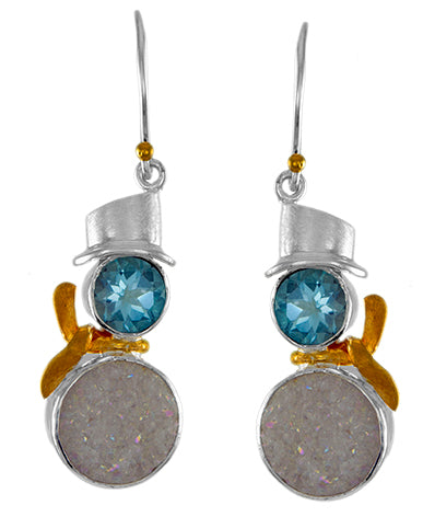 Sterling Silver Earring with Sky Blue Topaz and Aurora Druzy