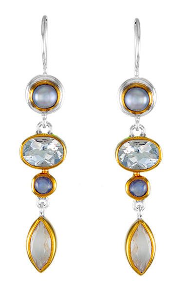 Sterling Silver Earring with White Freshwater Pearl, White Topaz, Rainbow Moonstone and White Quartz