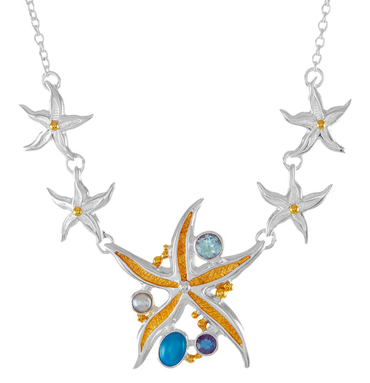 Sterling Silver Necklace with Sky Blue Topaz, White Freshwater Pearl and Baby Blue Topaz