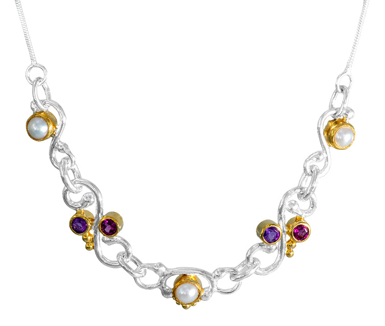 Sterling Silver Necklace with White Freshwater Pearl, Rhodolite Garnet and African Amethyst