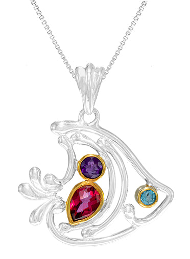 Sterling Silver Pendant with African Amethyst, Hot Pink Topaz and Baby Blue Topaz