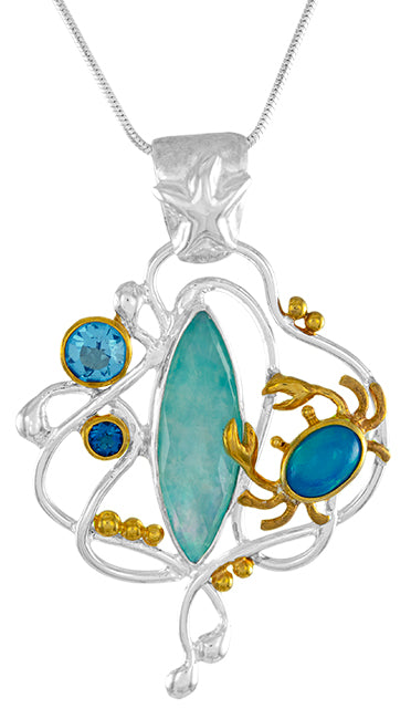 Sterling Silver Pendant with Amazonite + checkerboard cut crystal quartz+ Mother of Pearl, Baby Blue Topaz and London Blue Topaz