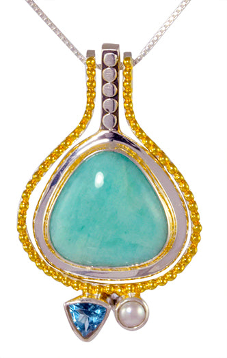 Sterling Silver Pendant with Amazonite, Baby Blue Topaz and White Freshwater Pearl