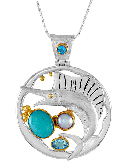 Sterling Silver Pendant with Amazonite, White Freshwater Pearl and Sky Blue Topaz