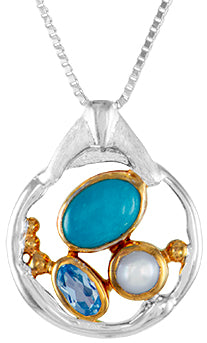 Sterling Silver Pendant with Amazonite, White Freshwater Pearl and Sky Blue Topaz