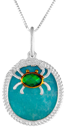 Sterling Silver Pendant with Amazonite + checkerboard cut crystal quartz+ Mother of Pearl