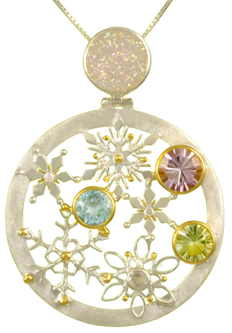 Sterling Silver Pendant with Aurora Druzy, White Topaz, Rose De France, Green Amethyst and Sky Blue Topaz