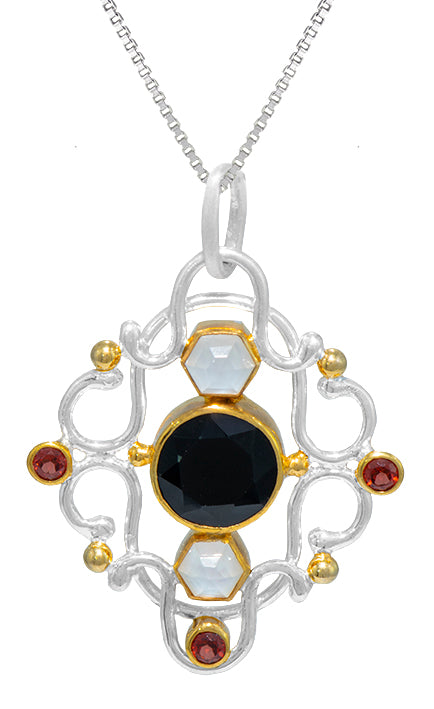 Sterling Silver Pendant with Onyx, Mother of Pearl +checkerboard cut crystal quartz and Garnet