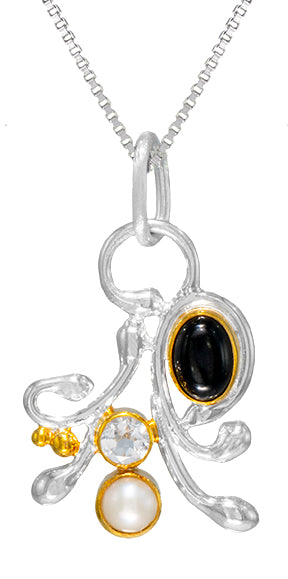 Sterling Silver Pendant with Onyx, White Topaz and White Freshwater Pearl