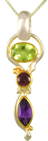 Sterling Silver Pendant with Peridot, Rhodolite Garnet and African Amethyst