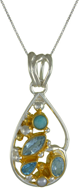 Sterling Silver Pendant with Sky Blue Topaz, Amazonite, Baby Blue Topaz and White Freshwater Pearl