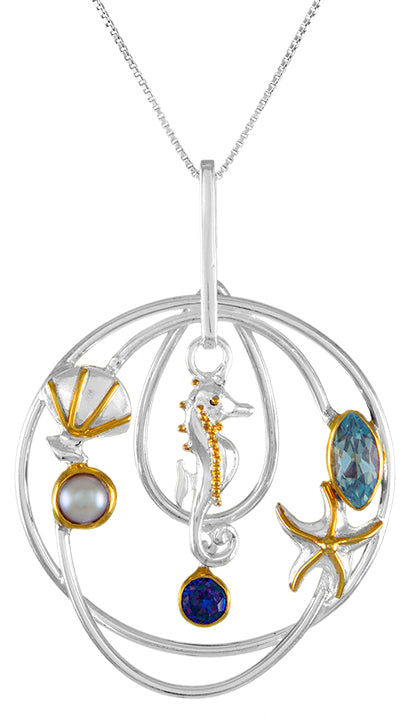 Sterling Silver Pendant with Sky Blue Topaz, White Freshwater Pearl and Trendy Solo