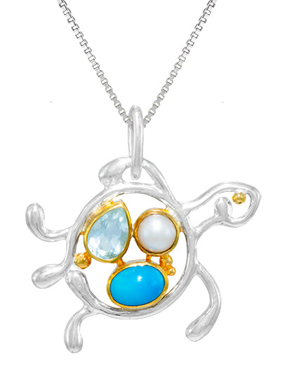 Sterling Silver Pendant with Sky Blue Topaz and White Freshwater Pearl