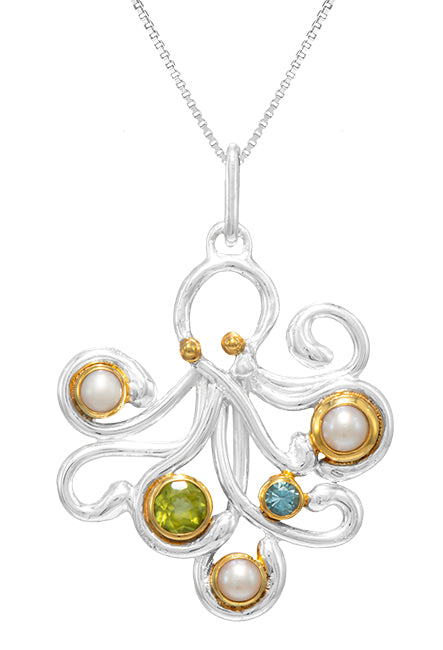 Sterling Silver Pendant with White Freshwater Pearl, Peridot and Baby Blue Topaz