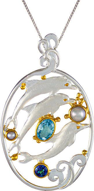 Sterling Silver Pendant with White Freshwater Pearl, Sky Blue Topaz and Trendy Solo Topaz