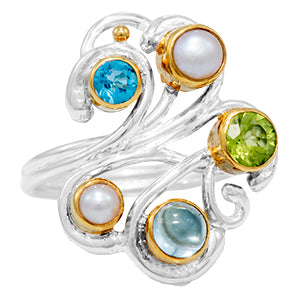Sterling Silver Ring with Baby Blue Topaz, White Freshwater Pearl, Peridot and Sky Blue Topaz
