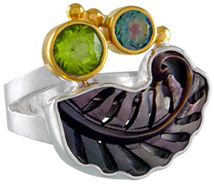 Sterling Silver Ring with Black Mother of Pearl, Peridot and Delicous Topaz