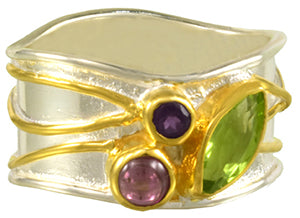 Sterling Silver Ring with Peridot, Rhodolite Garnet and African Amethyst